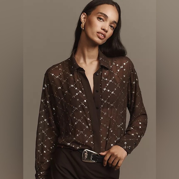Scotch & Soda Tops - SCOTCH & SODA Gold Chocolate Brown Sequin Buttondown Shirt Sheer Anthro SZ XS